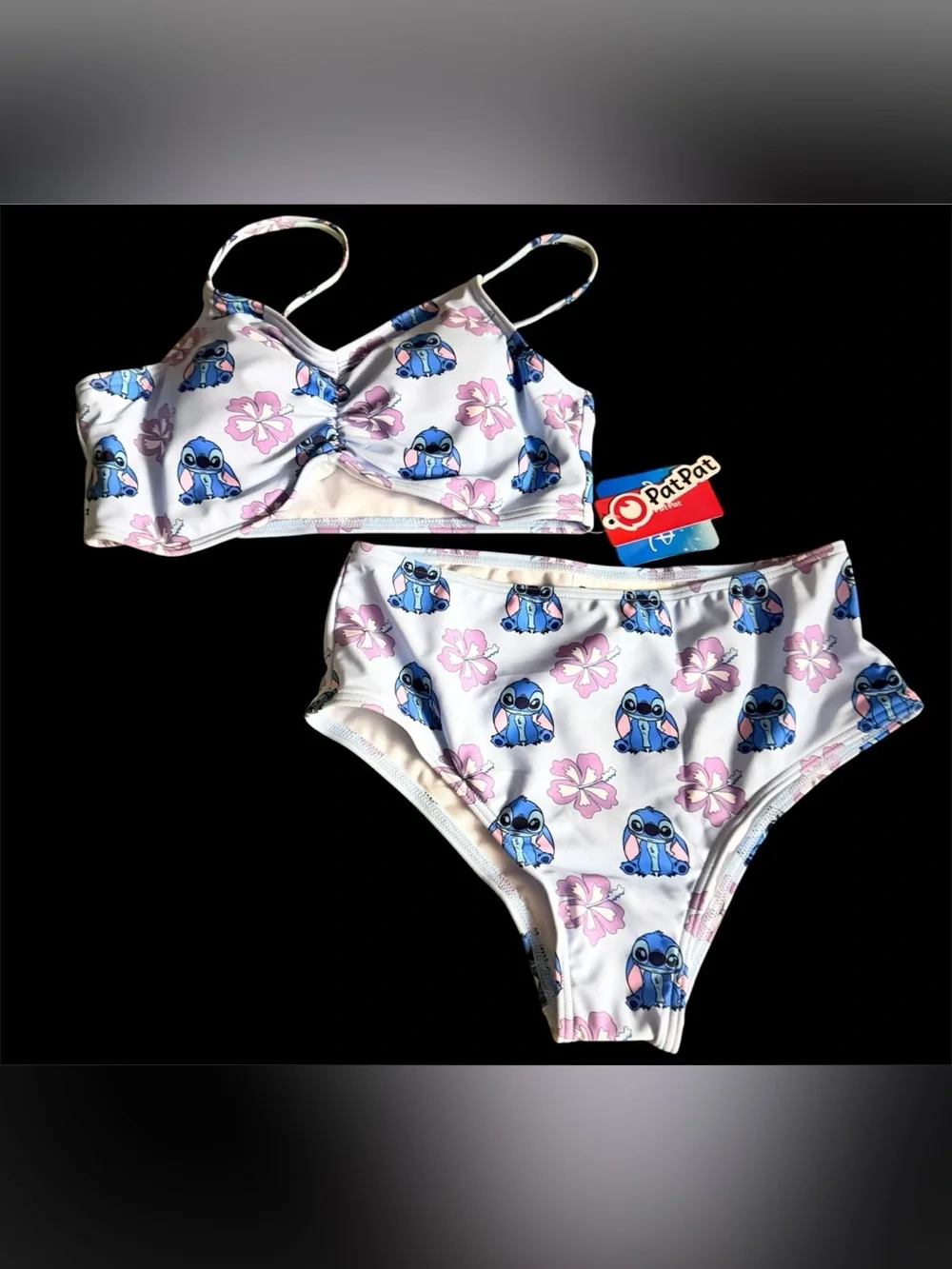 PatPat White Girls' Two-Piece Swim Set with Blue Character and Pink Floral Print